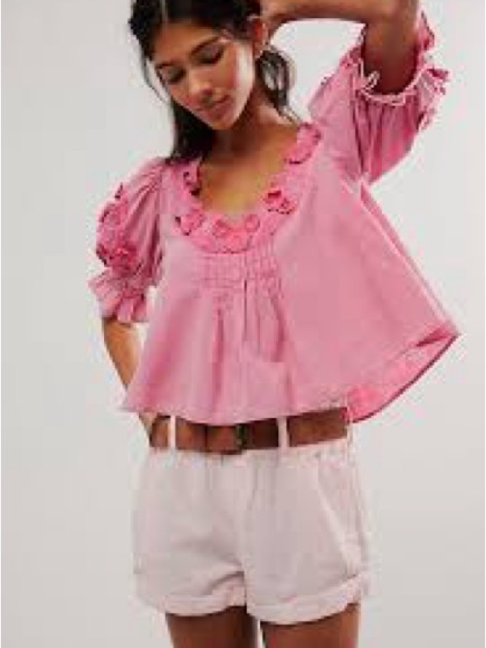 Free People Pink Floral-Trim Puff Sleeve Top